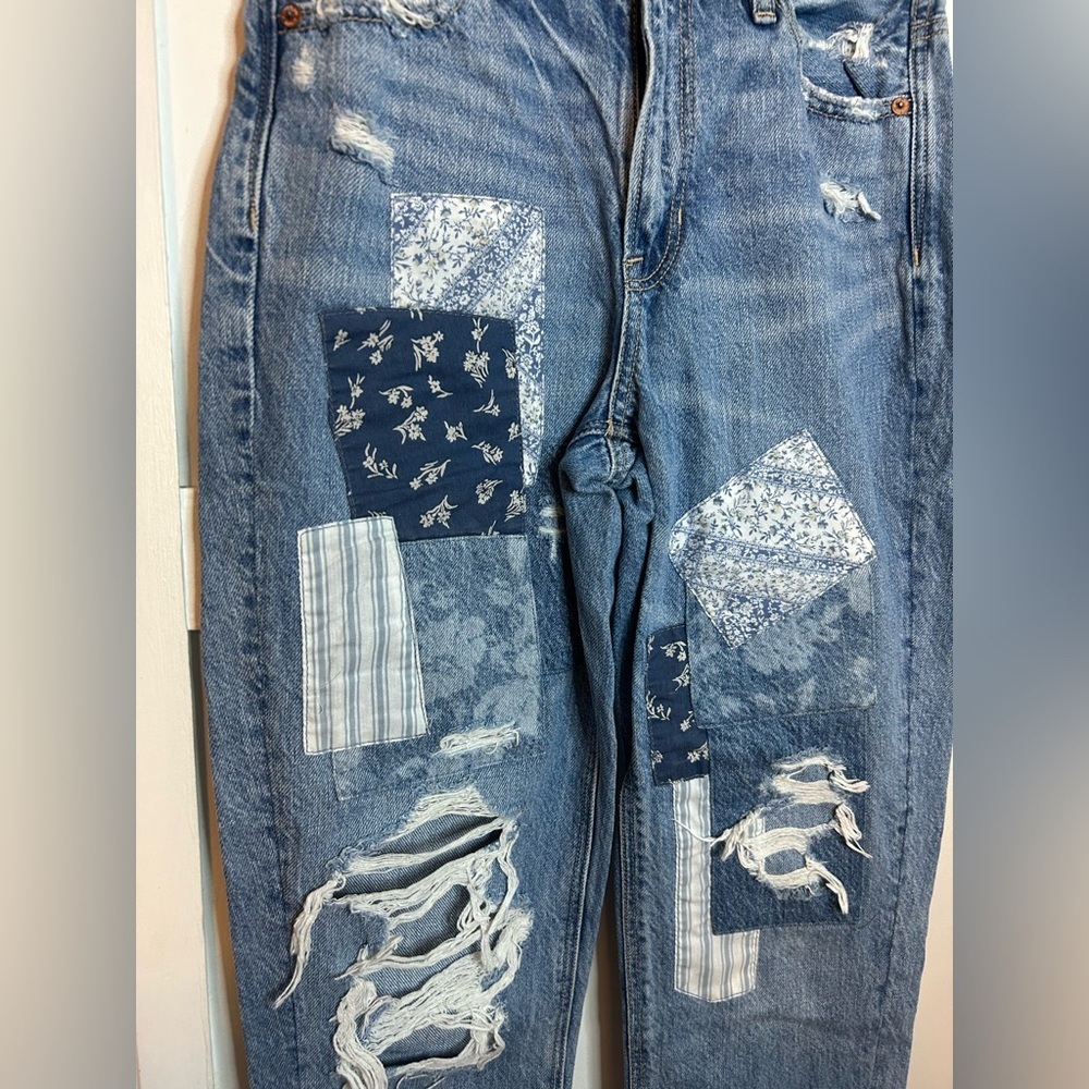 American Eagle Distressed Blue Patchwork Mom Stra… - image 6